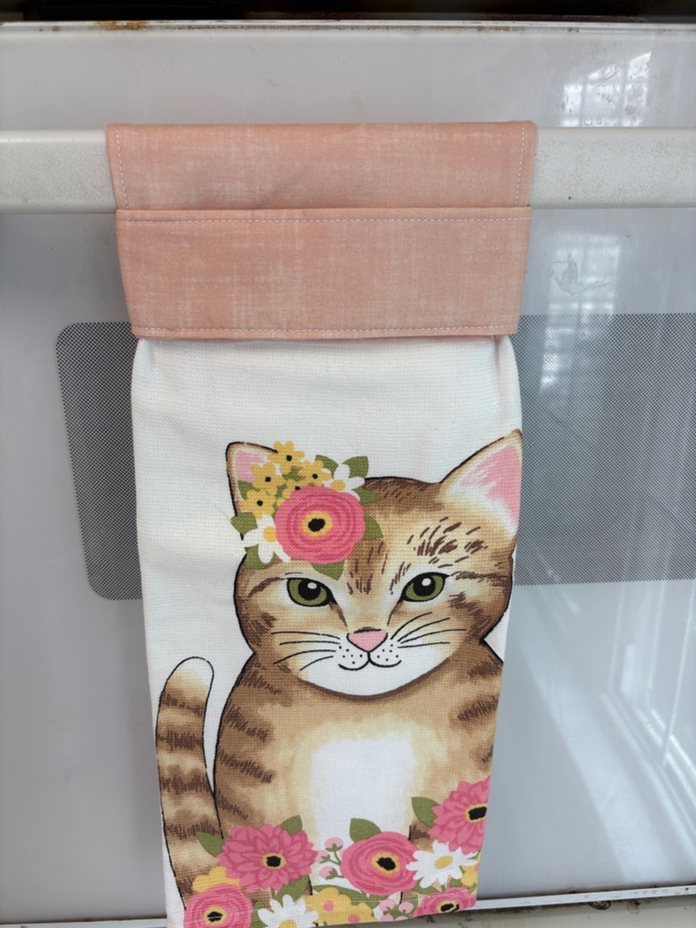 Handmade Pink Floral Cat Oven Handle Cover - Pet Cat Kitchen Towel